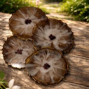 Brown and Gold Flower Bloom Coaster set of 4 with stand